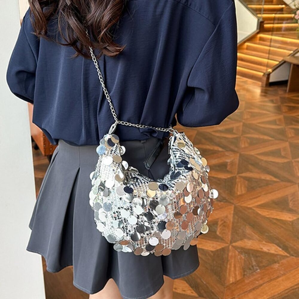 Women Shinny Evening Bag Bucket Purse Handbag Sequin Shoulder Bags Crossbody Bag - Picture 4 of 5